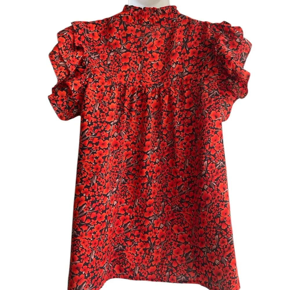 Red Black Floral Blouse Top Short Flutter Sleeves Ruffle v-Neck Unbranded Size M - Picture 3 of 3